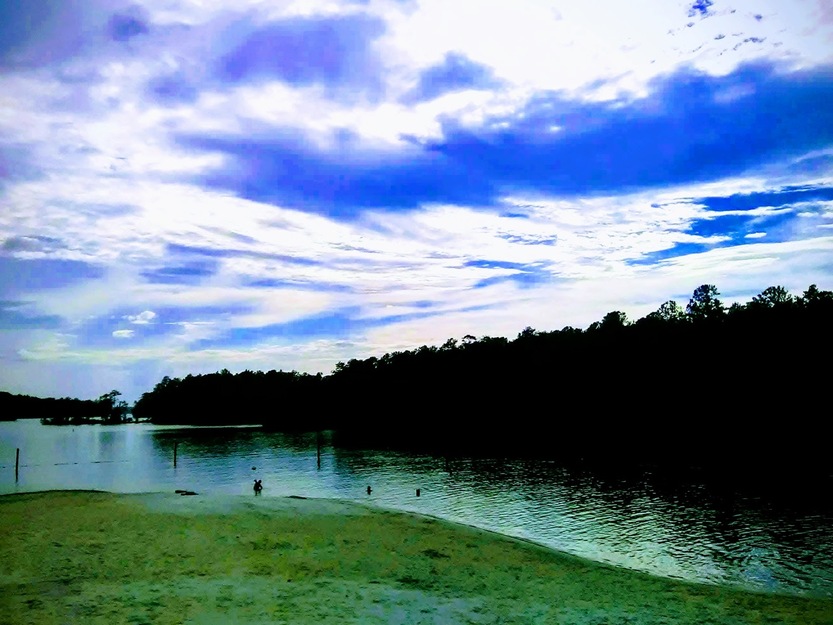 Lake shore, trees and clouds