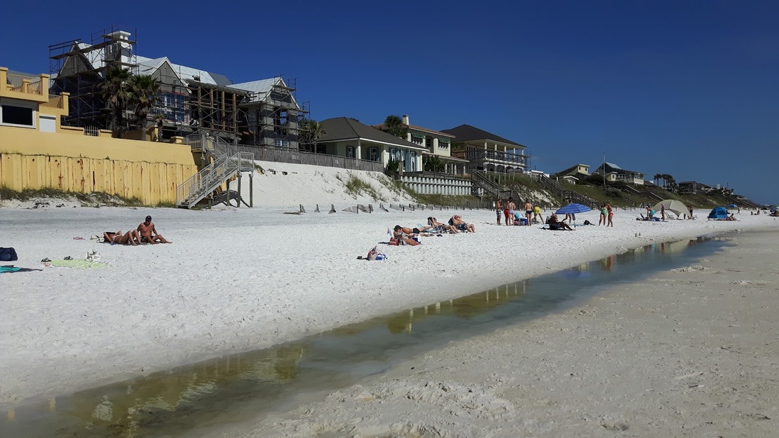 People and houses on the seashore