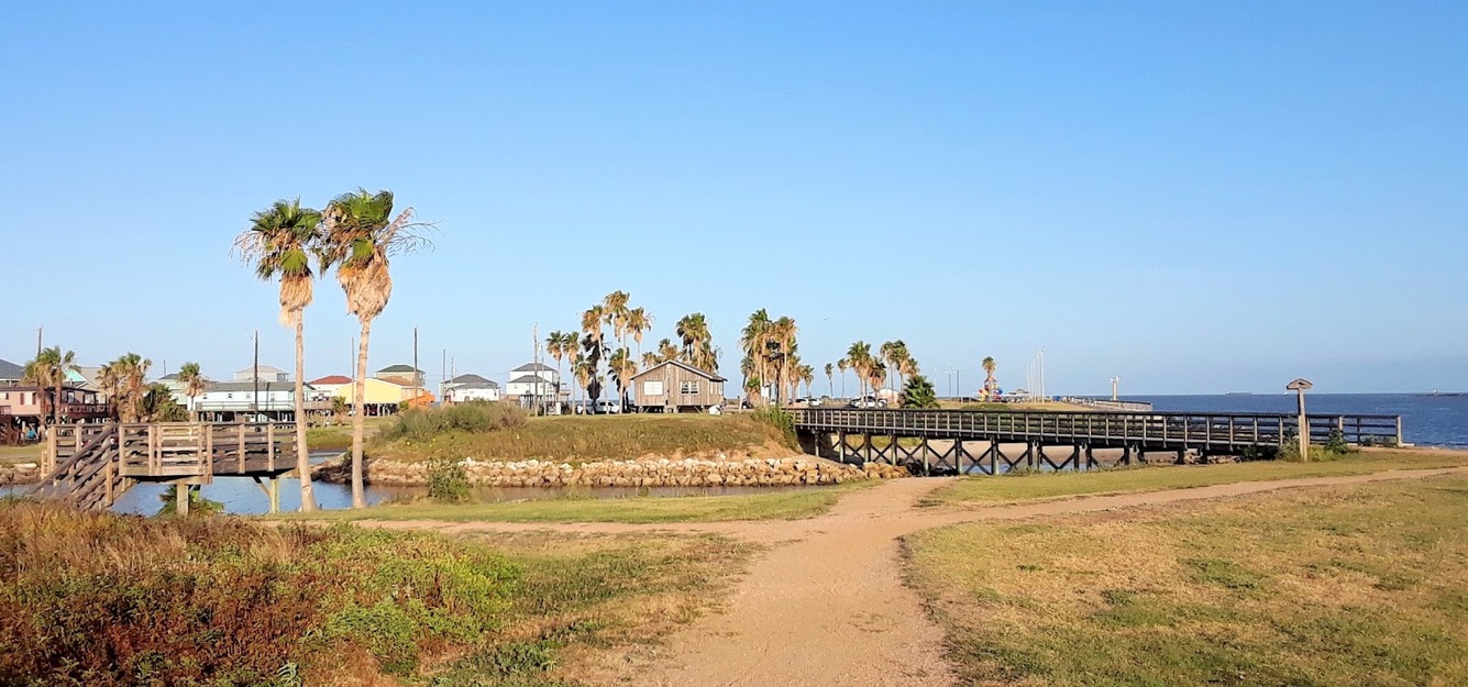 A grassy area with trees and a bridge
