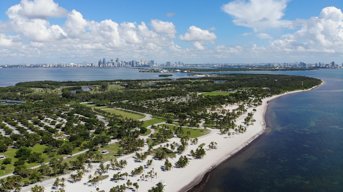 Aerial view of park and beach